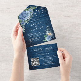 Invitación Todo En Uno Boda de madera azul Hydrangea Lantern código QR