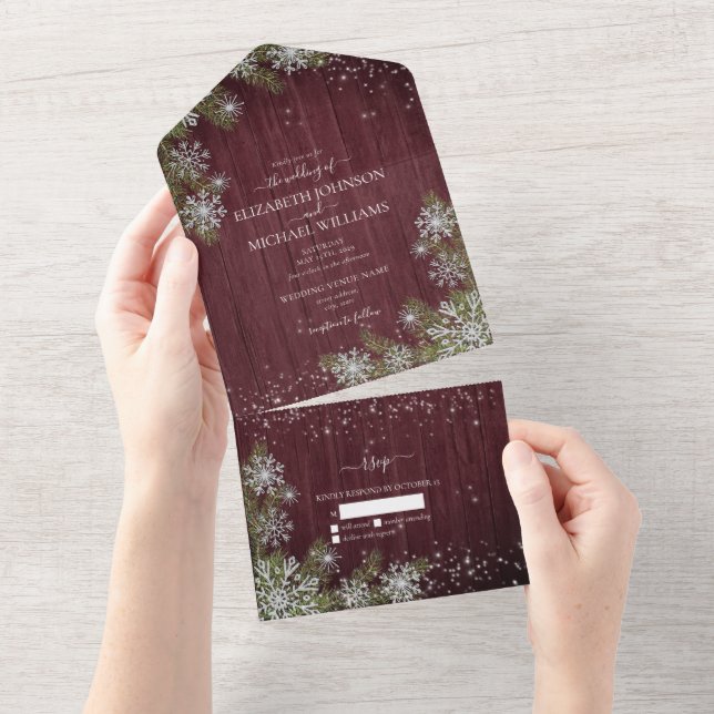 Invitación Todo En Uno Boda de Madera de Invierno Rústica Borgoña Plata P (desgarro)