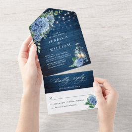 Invitación Todo En Uno Boda de madera de la Marina Azul Hydrangea Lantern