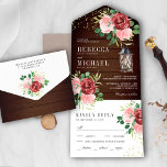 Invitación Todo En Uno Boda de madera de linternas florales rosa de Borgo<br><div class="desc">Aprovecha tu estancia con esta elegante invitación de bodas con hermosas flores y una moderna tipografía con una tarjeta postal RSVP. Simplemente agregue los detalles de su evento en esta plantilla fácil de usar para convertirla en una invitación única.</div>