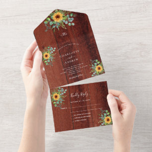 Invitación Todo En Uno Boda de madera marrón de girasol eucalipto verde