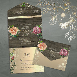 Invitación Todo En Uno Boda de Madera Rústica Floral de Granero