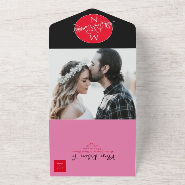 Invitación Todo En Uno Boda de magenta negro moderno (Afuera)