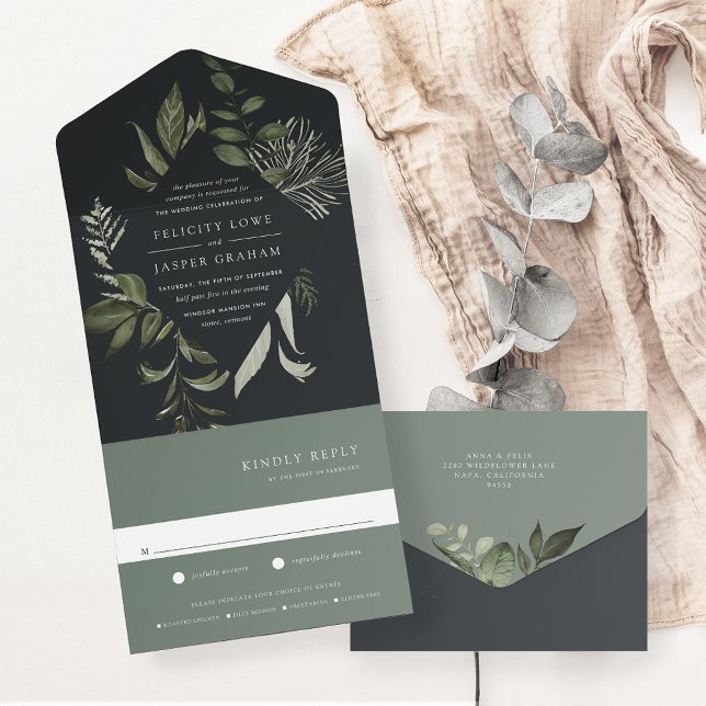 Invitación Todo En Uno Boda de marco botánico verde invierno (Subido por el creador)