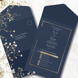 Invitación Todo En Uno Boda de Marco Dorado con Fondo Azul Marino Minimal