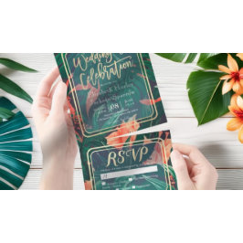 Invitación Todo En Uno Boda de marco dorado de hojas de flores de planta 