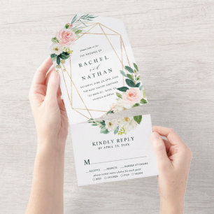 Invitación Todo En Uno Boda de marco geométrico de oro de Bloom blanco de