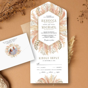 Invitación Todo En Uno Boda de marco hexásico de pampas de boho seco y rú