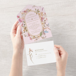 Invitación Todo En Uno Boda de marcos de flores silvestres de oro y Rubor