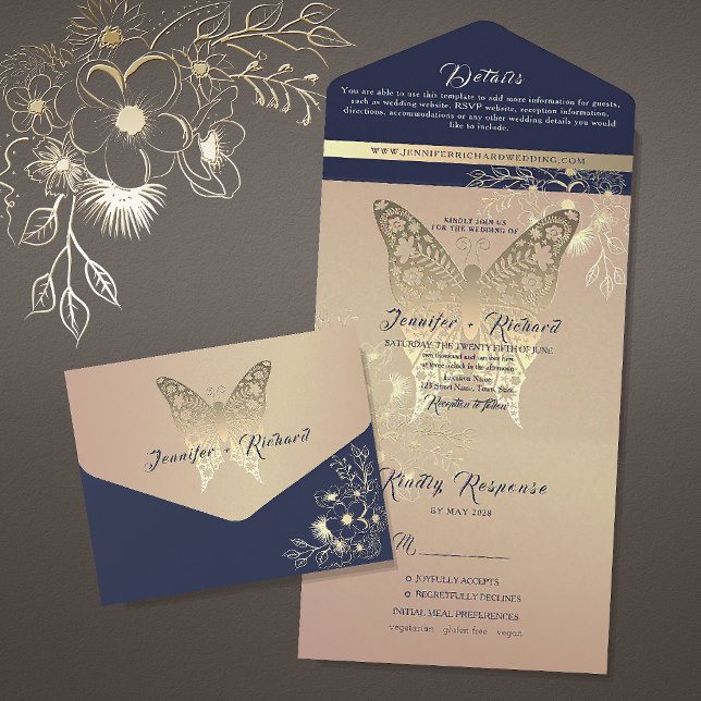 Invitación Todo En Uno Boda de Mariposa de Oro Rosa Chic (Subido por el creador)