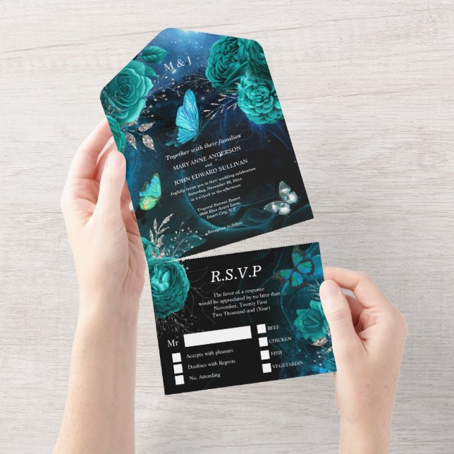 Invitación Todo En Uno Boda de mariposa de plata azul presupuesto de jard (desgarro)