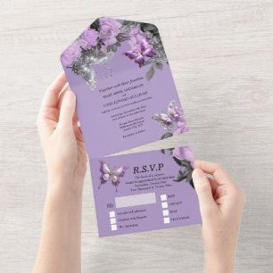 Invitación Todo En Uno Boda de mariposa de plata morada verano elegante