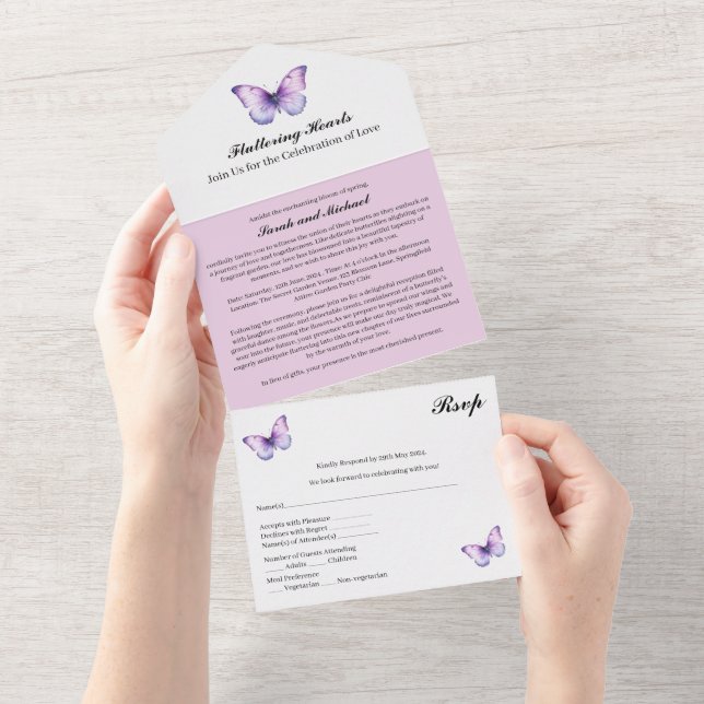 Invitación Todo En Uno Boda de mariposa morada (desgarro)