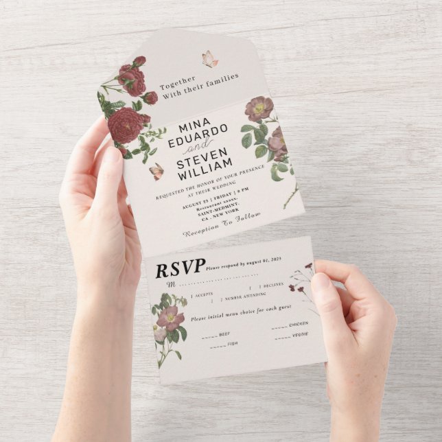 Invitación Todo En Uno Boda de mariposas florales de época (desgarro)