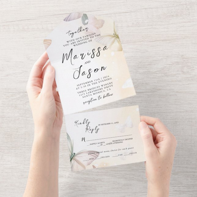 Invitación Todo En Uno Boda de mariposas simple y elegante (desgarro)