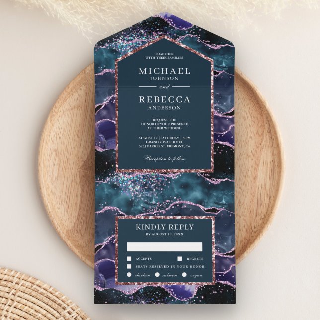 Invitación Todo En Uno Boda de mármol agate Purpurina azul marino (Subido por el creador)