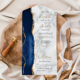 Invitación Todo En Uno Boda de mármol azul naví moderno con oro