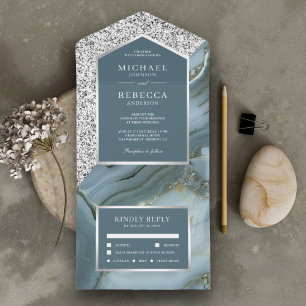 Invitación Todo En Uno Boda de mármol azul pizarra con brillo gris y plat
