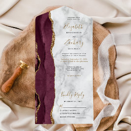 Invitación Todo En Uno Boda de mármol burgundy moderno y oro