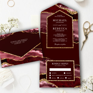 Invitación Todo En Uno Boda de Mármol Burgundy y Ágata Dorada