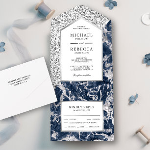 Invitación Todo En Uno Boda de Mármol con Brillo Azul y Plateado