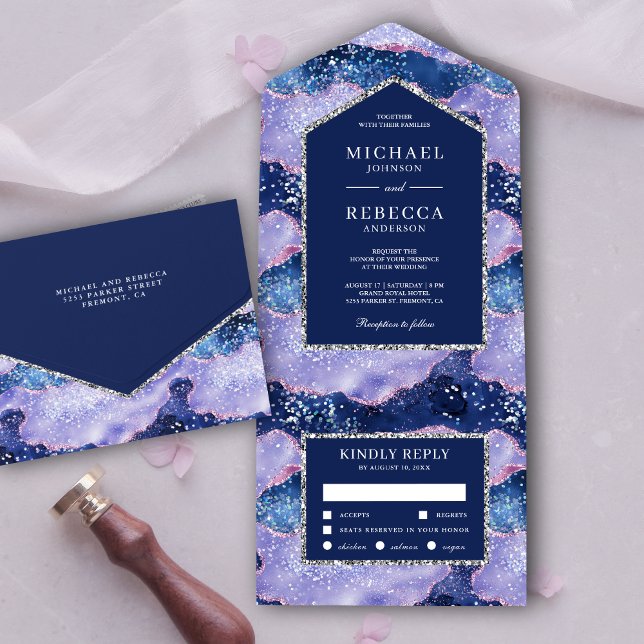Invitación Todo En Uno Boda de Mármol de Ágata Brillo Periwinkle Lavanda (Subido por el creador)