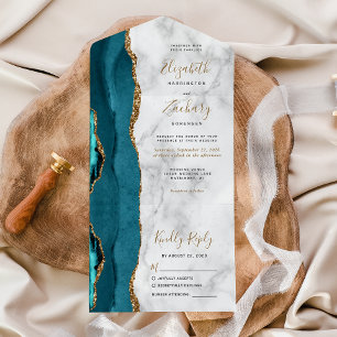 Invitación Todo En Uno Boda de mármol de ágata dorada azul verdoso modern