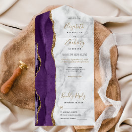 Invitación Todo En Uno Boda de mármol de ágata dorada y púrpura moderna