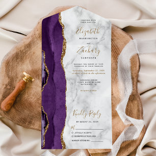 Invitación Todo En Uno Boda de mármol de ágata dorada y púrpura moderna