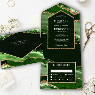 Invitación Todo En Uno Boda de Mármol de la Ecología Verde Esmeralda y de