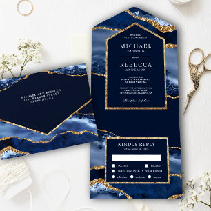 Invitación Todo En Uno Boda de mármol de la Marina azul y oro agate