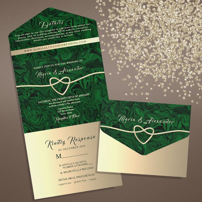 Invitación Todo En Uno Boda de Mármol de oro de Esmeralda (Subido por el creador)