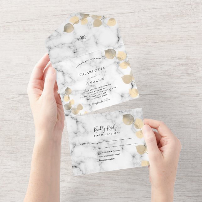 Invitación Todo En Uno Boda de mármol dorado eucalipto verde (desgarro)