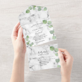 Invitación Todo En Uno Boda de mármol eucalipto verde
