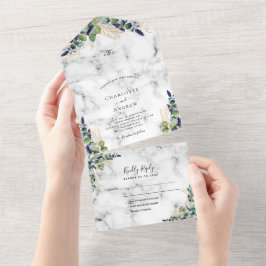 Invitación Todo En Uno Boda de mármol eucalipto verde
