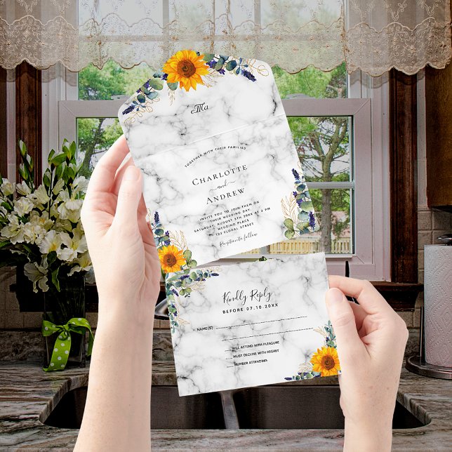 Invitación Todo En Uno Boda de mármol eucalipto verde girasol (Subido por el creador)