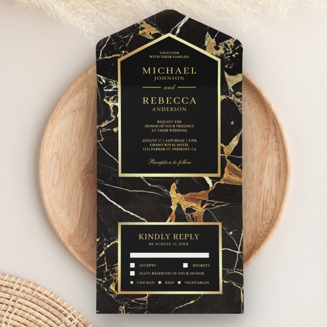 Invitación Todo En Uno Boda de mármol negro con lámina de oro falso (Subido por el creador)