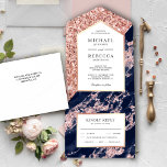 Invitación Todo En Uno Boda de Mármol Purpurina de oro azul marino y Rosa<br><div class="desc">Aprovecha tu estancia con esta elegante invitación de bodas,  que incluye un bonito diseño de mármol y falsos acentos purpurinas de oro con una tarjeta postal RSVP desmontable. Simplemente agregue los detalles de su evento en esta plantilla fácil de usar para convertirla en una invitación única.</div>