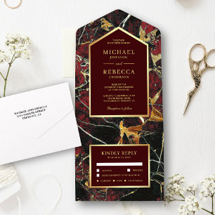 Invitación Todo En Uno Boda de Mármol Rojo Borgoña con Hoja de Oro Falso