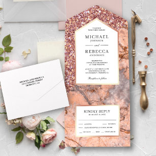 Invitación Todo En Uno Boda de mármol rosa con brillo de oro blanco y ros