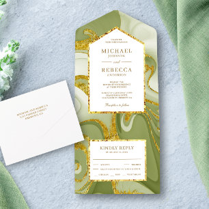 Invitación Todo En Uno Boda de Mármol Verde Salvia con Brillo de Oro Fals
