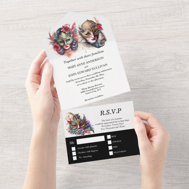 Invitación Todo En Uno Boda de Masquerade | máscaras venecianas de novios (desgarro)