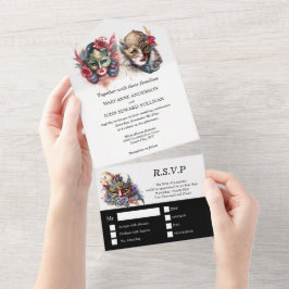 Invitación Todo En Uno Boda de Masquerade | máscaras venecianas de novios