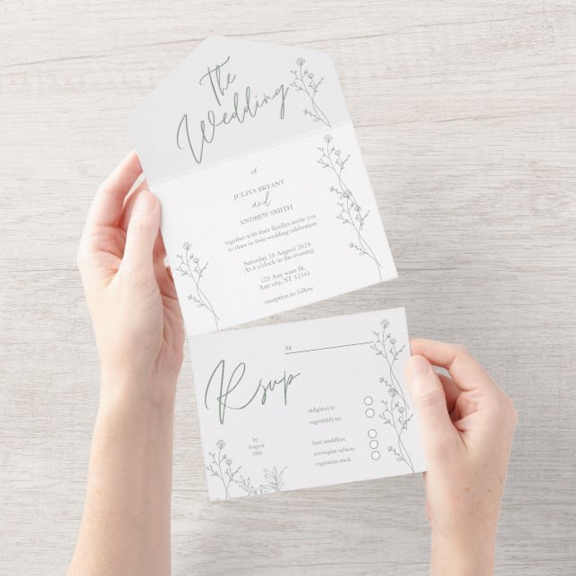 Invitación Todo En Uno Boda de moda blanca y verde (desgarro)
