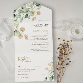 Invitación Todo En Uno Boda de Moda de oro y vegetación de eucalipto botá