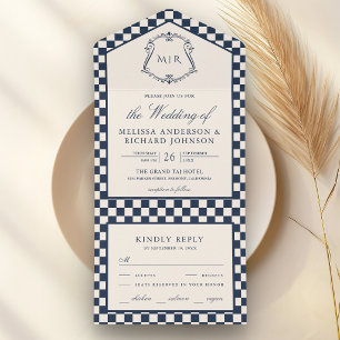 Invitación Todo En Uno Boda de Monograma a Cuadros Azul Marítimo de Diner