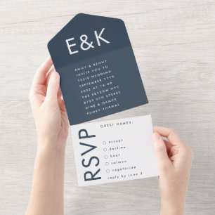 Invitación Todo En Uno Boda de Monograma Azul de la Marina Negrita Ultra 