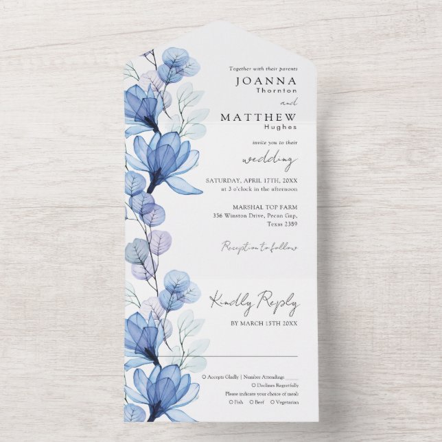 Invitación Todo En Uno Boda de monograma azul turbio transparente (Interior)