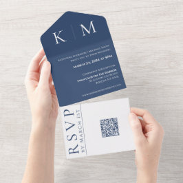 Invitación Todo En Uno Boda de Monograma Azul y Blanco-