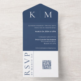 Invitación Todo En Uno Boda de Monograma Azul y Blanco-